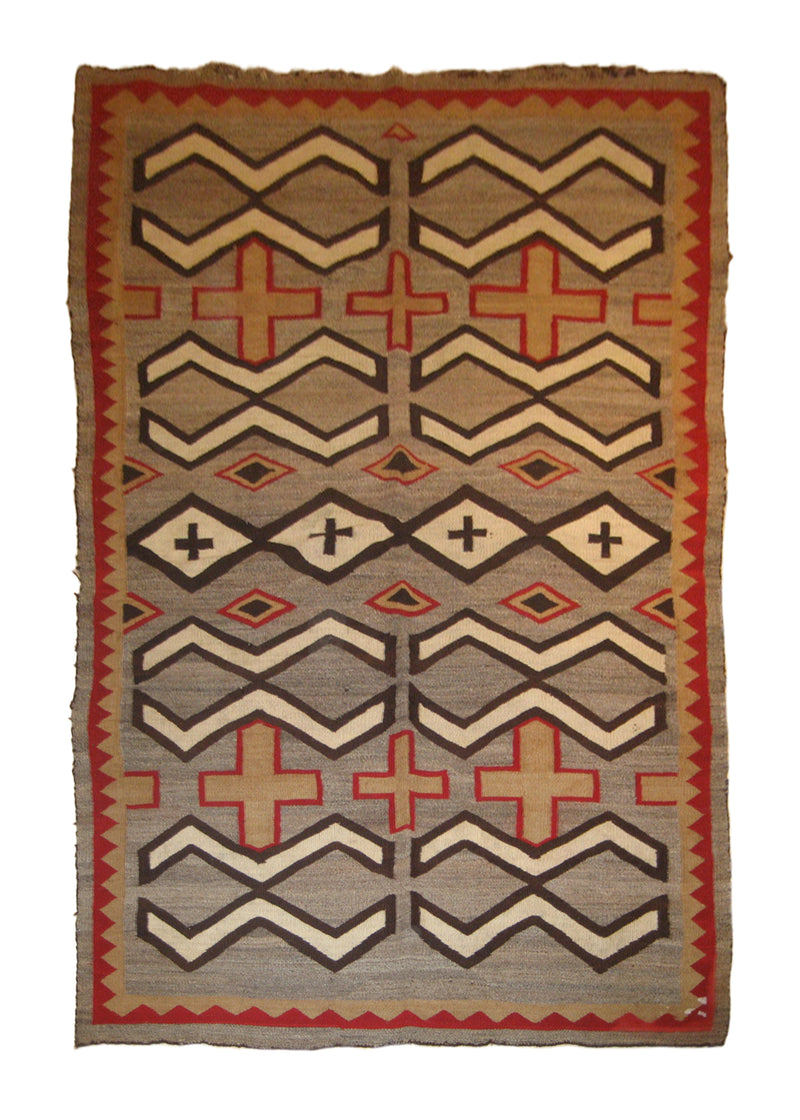 A19465 Native American Rug Navajo Handmade Area Tribal Antique 4'8'' x 7'3'' -5x7- Gray Red Geometric Design
