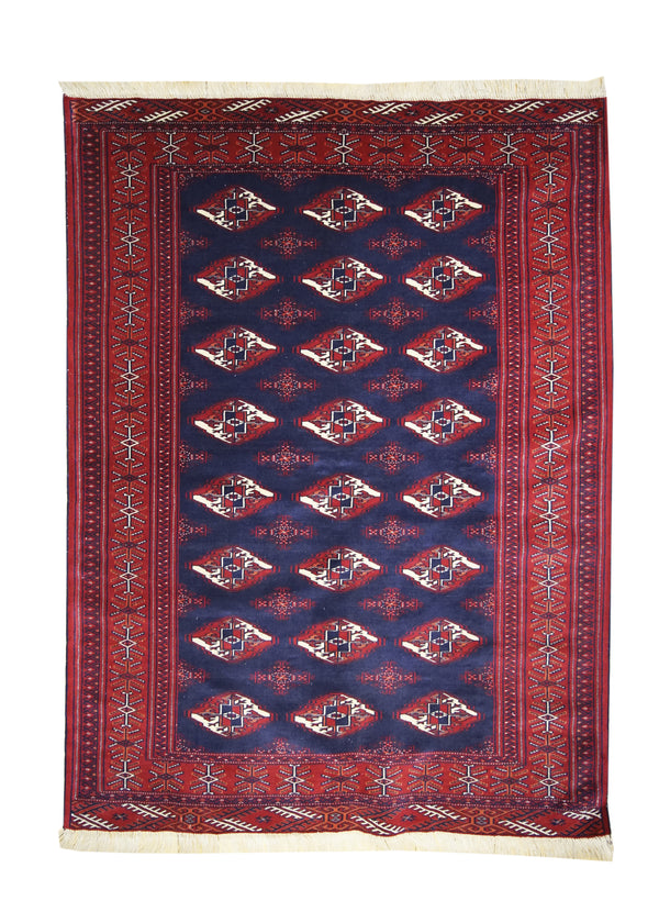 A19490 Persian Rug Turkmen Handmade Area Tribal 4'7'' x 6'1'' -5x6- Blue Red Geometric Design