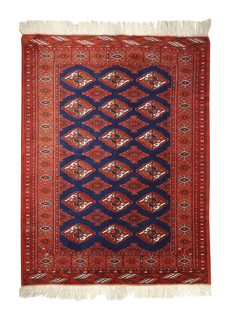 A19491 Persian Rug Turkmen Handmade Area Tribal 4'6'' x 5'11'' -5x6- Blue Red Geometric Design