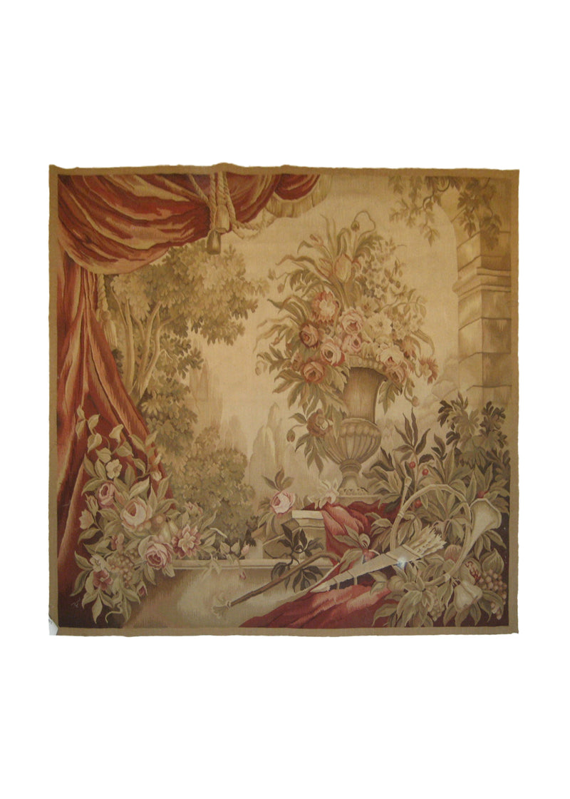 A19576 Oriental Rug Chinese Handmade Square Traditional 4'12'' x 5'0'' -5x5- Whites Beige Yellow Gold Red Tapestry Abousson Design