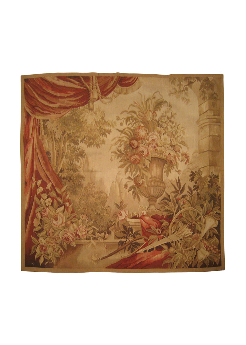 A19577 Oriental Rug Chinese Handmade Square Traditional 4'0'' x 4'0'' -4x4- Whites Beige Red Green Tapestry Abousson Design