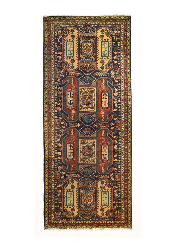 A19636 Caucasian Rug Azerbaijan Handmade Runner Tribal Vintage 4'9'' x 11'5'' -5x11- Blue Yellow Gold Red Geometric Design
