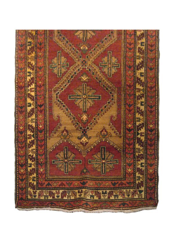 A19637 Caucasian Rug Azerbaijan Handmade Runner Tribal 3'10'' x 13'3'' -4x13- Red Whites Beige Geometric Design
