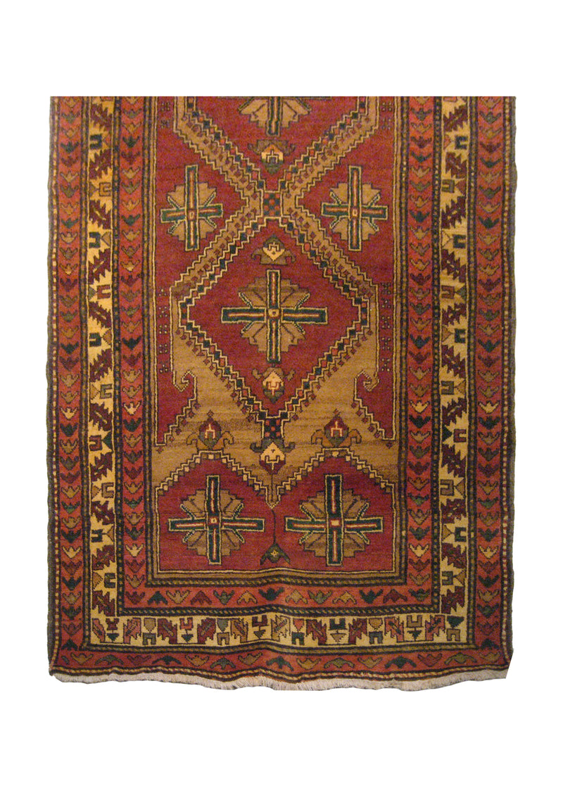 A19637 Caucasian Rug Azerbaijan Handmade Runner Tribal 3'10'' x 13'3'' -4x13- Red Whites Beige Geometric Design