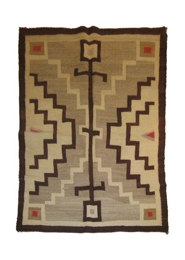 A19906 Native American Rug Navajo Handmade Area Tribal Antique 3'9'' x 5'2'' -4x5- Gray Brown Whites Beige Storm Geometric Design