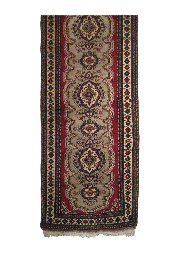 A19935 Oriental Rug Turkish Handmade Runner Traditional 3'0'' x 12'0'' -3x12- Red Whites Beige Geometric Design