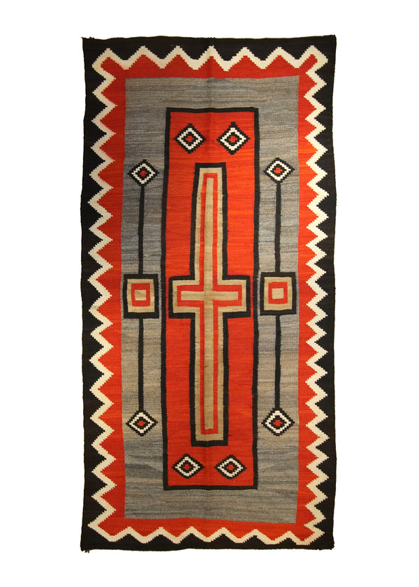 A19993 Native American Rug Navajo Handmade Area Tribal Antique 4'12'' x 10'0'' -5x10- Red Gray Whites Beige Crystal Geometric Design