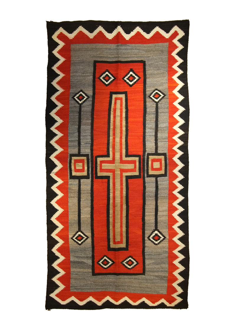 A19993 Native American Rug Navajo Handmade Area Tribal Antique 4'12'' x 10'0'' -5x10- Red Gray Whites Beige Crystal Geometric Design