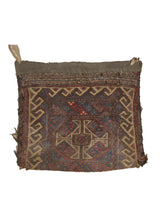 A20056 Persian Rug Turkmen Handmade Saddle Tribal Antique 0'9'' x 0'10'' -1x1- Brown Whites Beige Saddle Bag Geometric Design