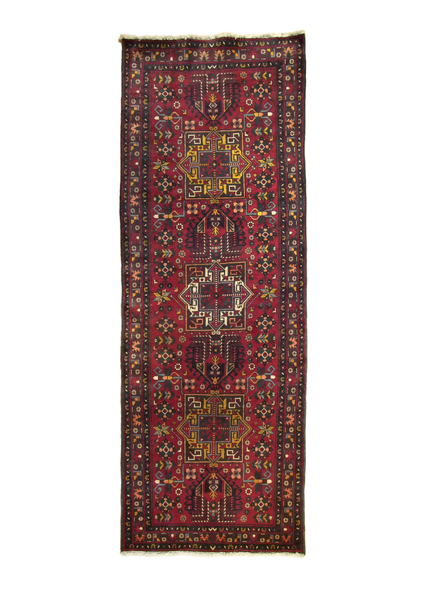 A20164 Caucasian Rug Azerbaijan Handmade Runner Tribal Vintage 4'6'' x 12'7'' -5x13- Red Yellow Gold Geometric Design