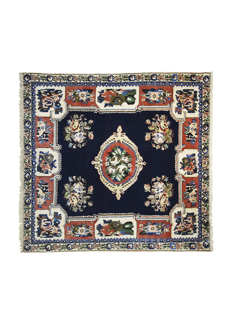 A20201 Persian Rug Bakhtiari Handmade Square Tribal 4'4'' x 4'5'' -4x4- Blue Red Floral Gol Farang Design