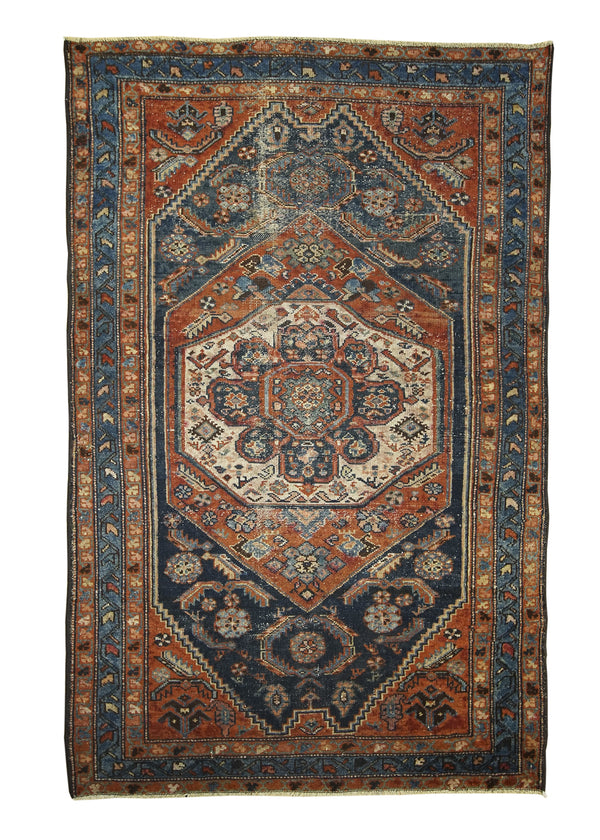 A20318 Persian Rug Hamadan Handmade Area Tribal Antique 4'1'' x 6'1'' -4x6- Blue Red Geometric Design