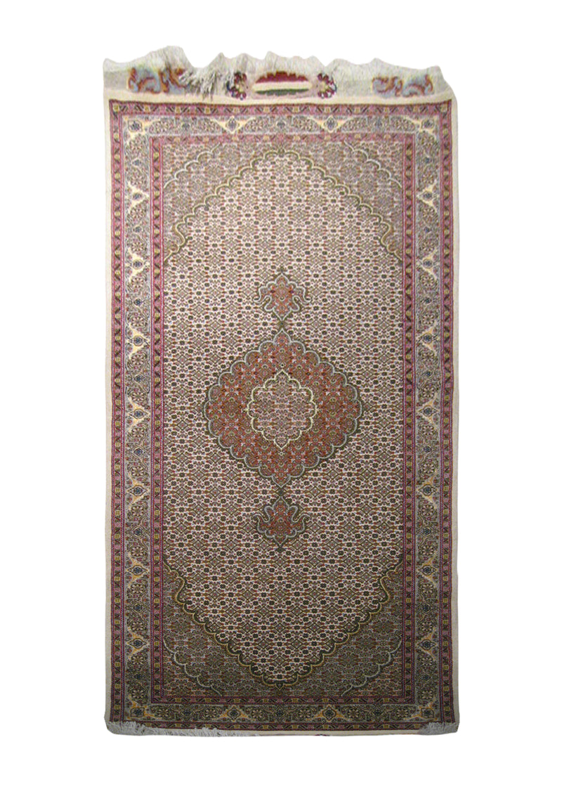 A20603 Persian Rug Tabriz Handmade Runner Traditional 2'10'' x 6'10'' -3x7- Green Whites Beige Mahi Fish Floral Design