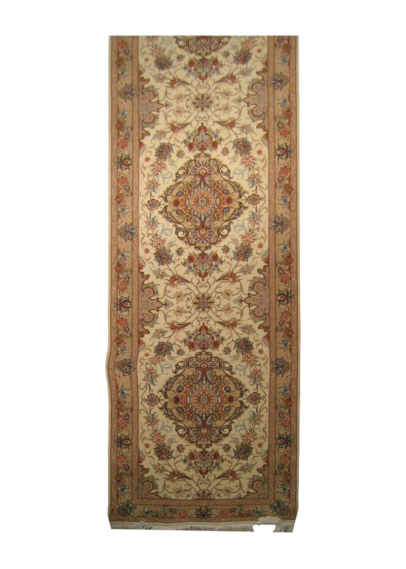A20604 Persian Rug Tabriz Handmade Runner Traditional 2'9'' x 10'3'' -3x10- Whites Beige Pink Naghsh Floral Design