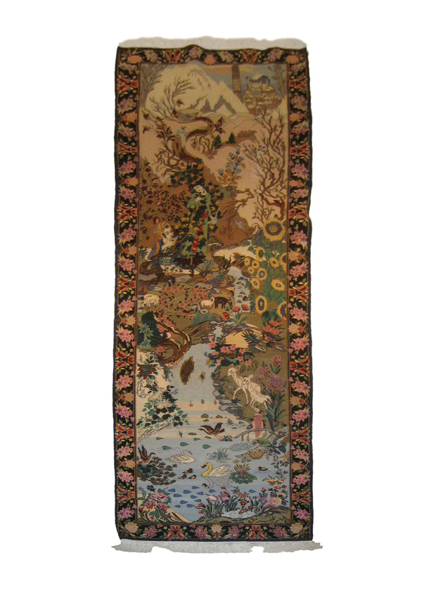 A20636 Persian Rug Isfahan Handmade Runner Traditional 2'6'' x 9'7'' -3x10- Green Blue Multi-color Pictorial Animals Design
