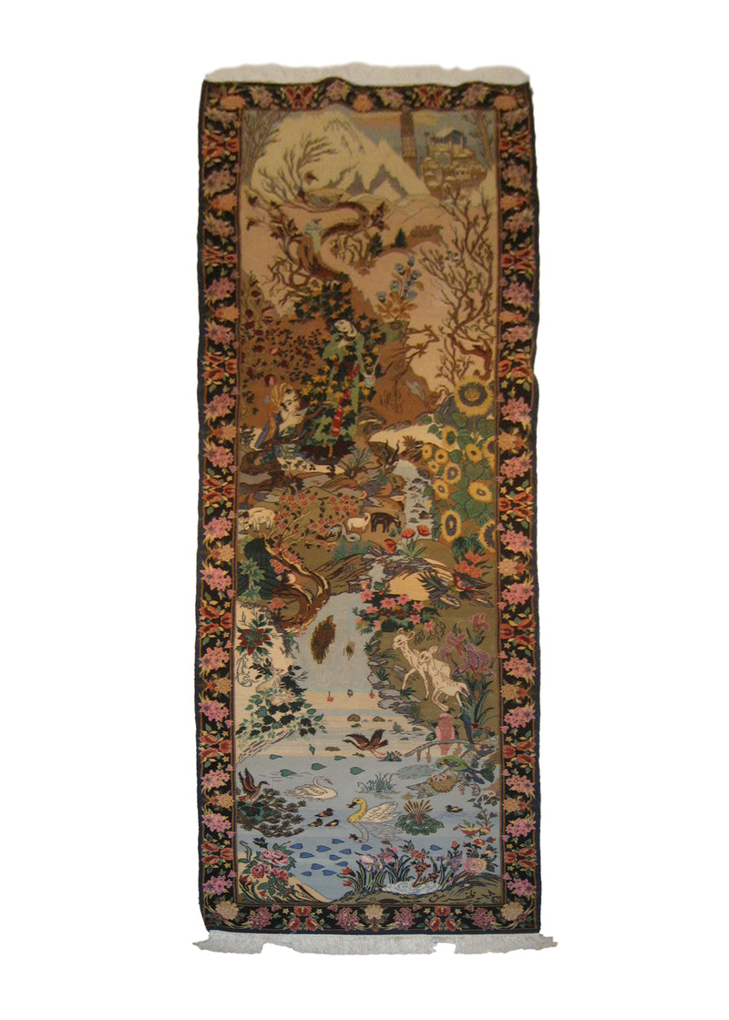 A20636 Persian Rug Isfahan Handmade Runner Traditional 2'6'' x 9'7'' -3x10- Green Blue Multi-color Pictorial Animals Design