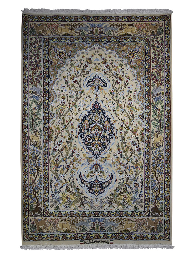 A20648 Persian Rug Isfahan Handmade Area Traditional 3'8'' x 5'7'' -4x6- Whites Beige Blue Green Tree of Life Prayer Rug Animals Design