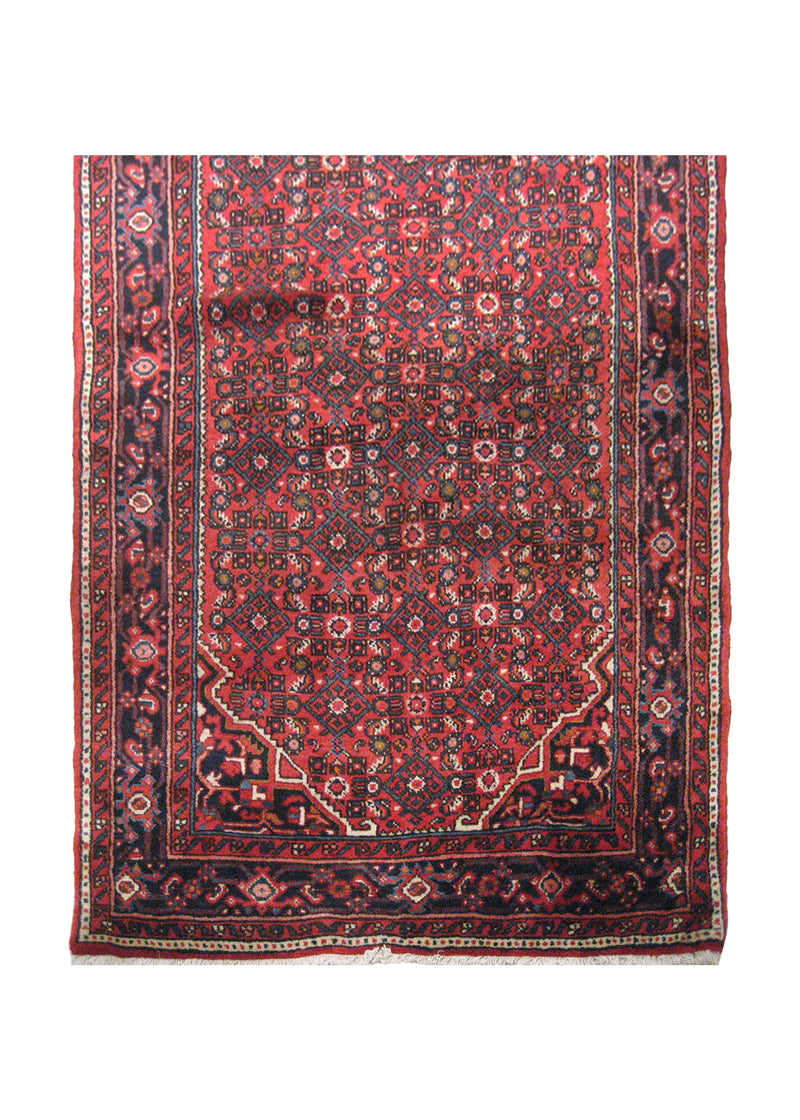 A20795 Persian Rug Hamadan Handmade Runner Tribal 3'11'' x 13'4'' -4x13- Red Blue Geometric Design