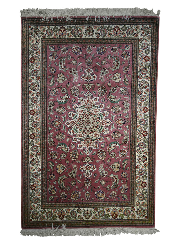 A20799 Persian Rug Qum Handmade Area Traditional 3'5'' x 5'0'' -3x5- Pink Whites Beige Green Floral Design
