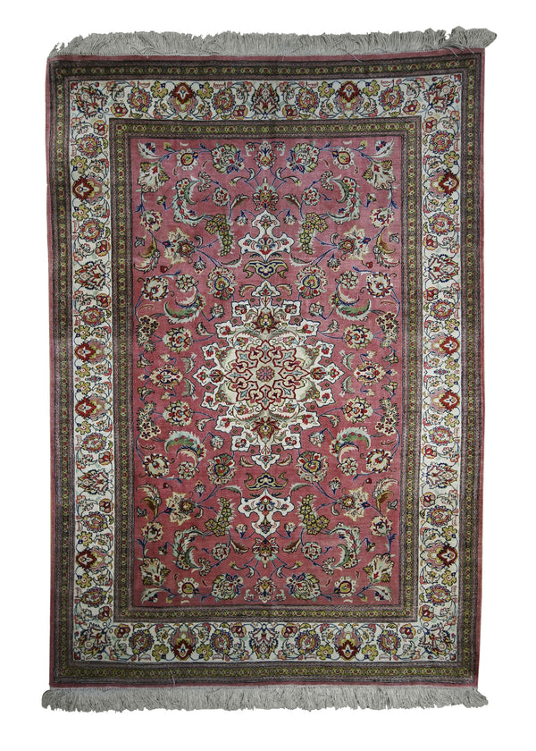 A20800 Persian Rug Qum Handmade Area Traditional 3'3'' x 5'1'' -3x5- Pink Green Floral Design