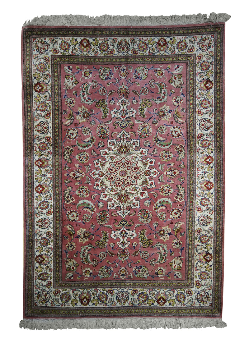 A20800 Persian Rug Qum Handmade Area Traditional 3'3'' x 5'1'' -3x5- Pink Green Floral Design