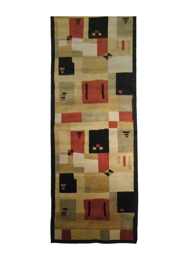 A20840 Oriental Rug Indian Handmade Runner Modern 3'1'' x 9'11'' -3x10- Black Red Yellow Gold Geometric Abstract Design