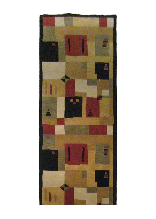 A20841 Oriental Rug Indian Handmade Runner Modern 3'1'' x 9'10'' -3x10- Black Red Yellow Gold Geometric Abstract Design