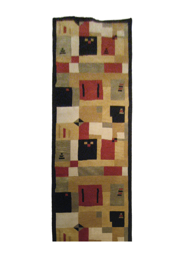 A20842 Oriental Rug Indian Handmade Runner Modern 3'1'' x 11'10'' -3x12- Black Red Yellow Gold Geometric Abstract Design