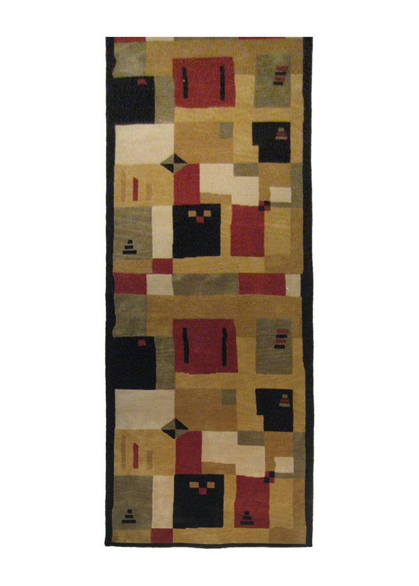 A20843 Oriental Rug Indian Handmade Runner Modern 3'0'' x 11'10'' -3x12- Black Red Yellow Gold Geometric Abstract Design