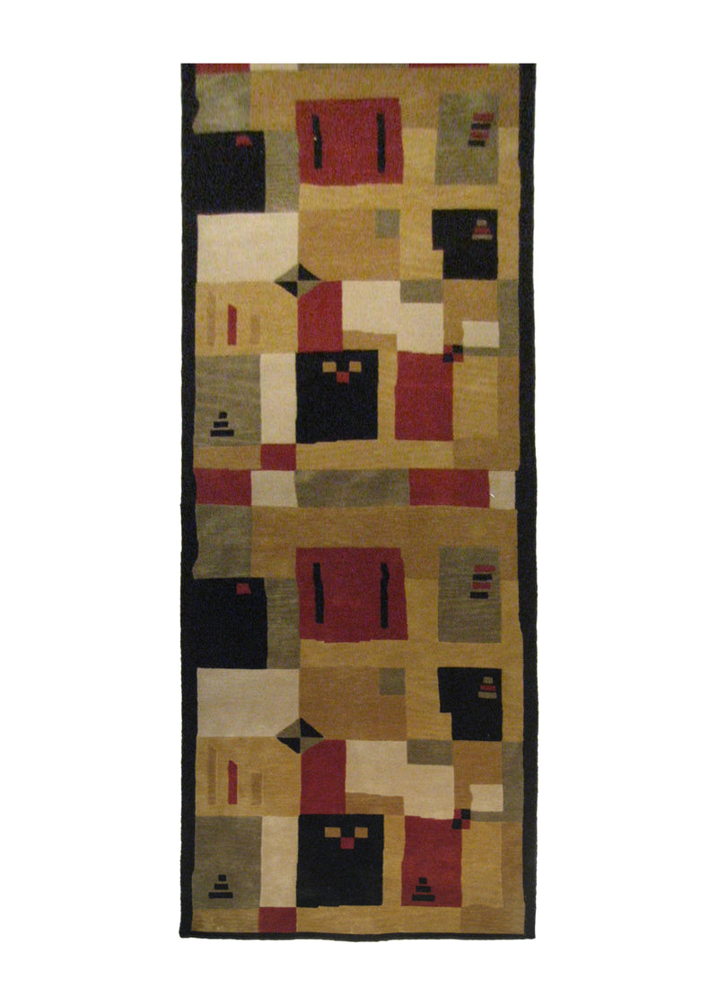A20843 Oriental Rug Indian Handmade Runner Modern 3'0'' x 11'10'' -3x12- Black Red Yellow Gold Geometric Abstract Design