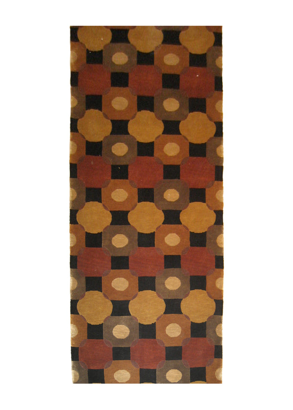 A20844 Oriental Rug Indian Handmade Runner Modern 3'2'' x 9'10'' -3x10- Black Red Yellow Gold Geometric Abstract Design