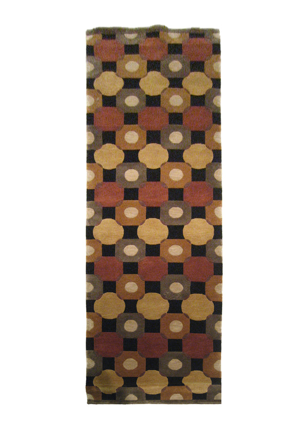 A20845 Oriental Rug Indian Handmade Runner Modern 3'2'' x 10'0'' -3x10- Black Red Yellow Gold Geometric Abstract Design