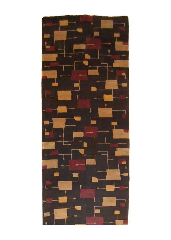 A20850 Oriental Rug Indian Handmade Runner Modern 3'2'' x 9'9'' -3x10- Brown Red Yellow Gold Geometric Abstract Design