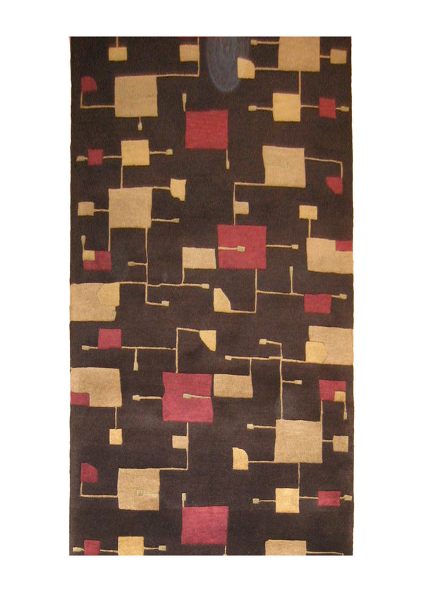 A20853 Oriental Rug Indian Handmade Runner Modern 3'1'' x 12'0'' -3x12- Brown Red Yellow Gold Geometric Abstract Design