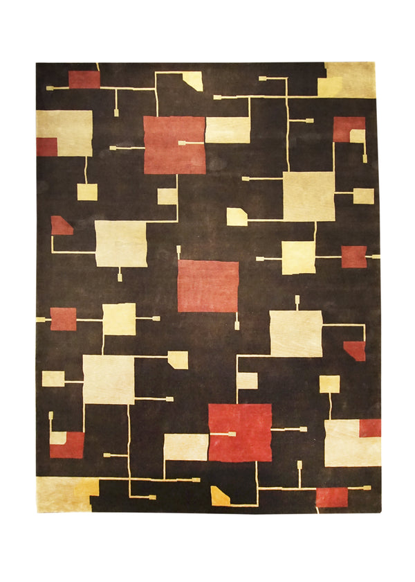 A20854 Oriental Rug Indian Handmade Area Modern 9'1'' x 12'0'' -9x12- Brown Red Yellow Gold Geometric Abstract Design