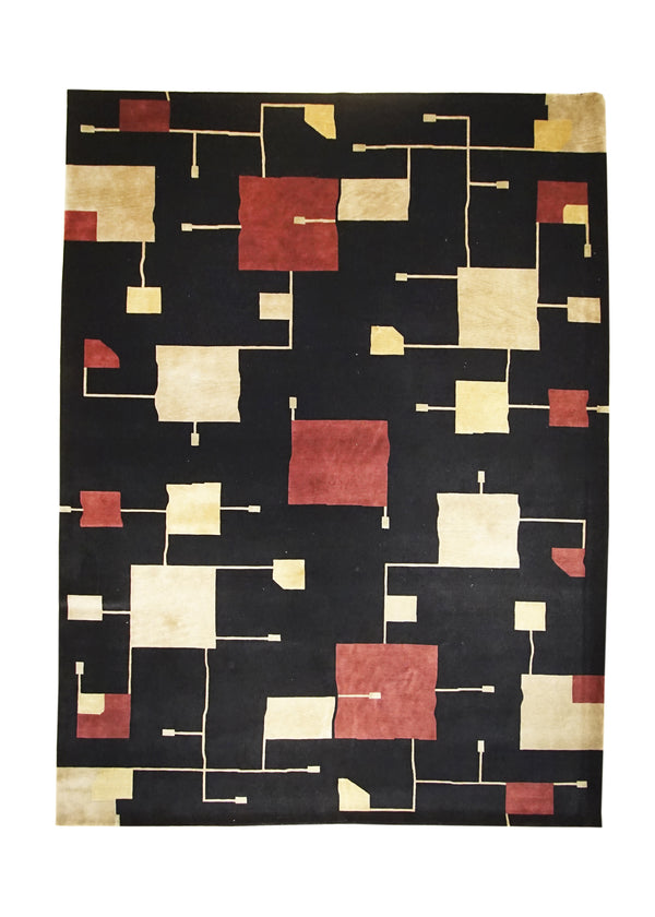 A20859 Oriental Rug Indian Handmade Area Modern 10'4'' x 13'11'' -10x14- Black Red Yellow Gold Geometric Abstract Design