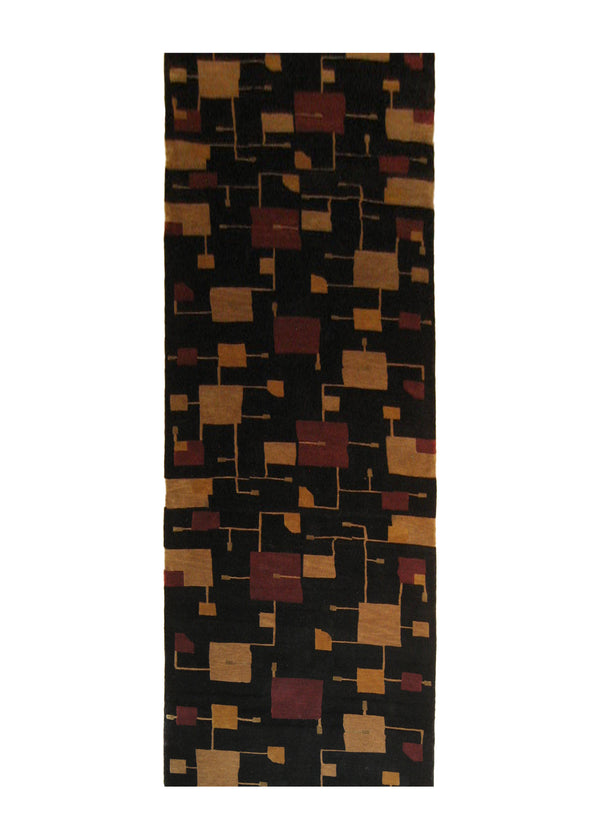 A20860 Oriental Rug Indian Handmade Runner Modern 3'2'' x 10'0'' -3x10- Black Red Yellow Gold Geometric Abstract Design