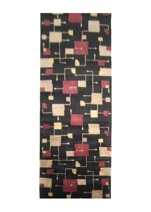 A20861 Oriental Rug Indian Handmade Runner Modern 3'2'' x 10'0'' -3x10- Black Red Yellow Gold Geometric Abstract Design
