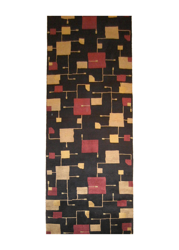 A20862 Oriental Rug Indian Handmade Runner Modern 3'0'' x 10'0'' -3x10- Black Red Yellow Gold Geometric Abstract Design