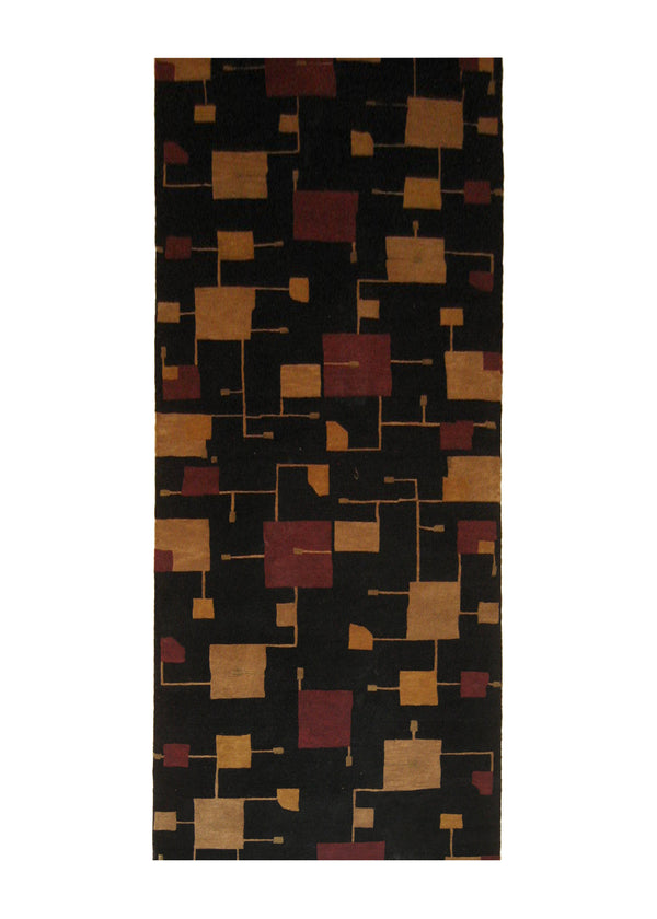 A20864 Oriental Rug Indian Handmade Runner Modern 3'1'' x 11'11'' -3x12- Black Red Yellow Gold Geometric Abstract Design
