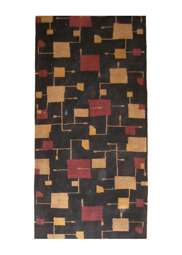 A20865 Oriental Rug Indian Handmade Runner Modern 3'2'' x 11'9'' -3x12- Black Red Yellow Gold Geometric Abstract Design
