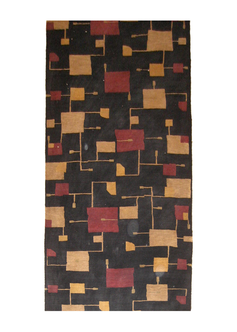 A20865 Oriental Rug Indian Handmade Runner Modern 3'2'' x 11'9'' -3x12- Black Red Yellow Gold Geometric Abstract Design