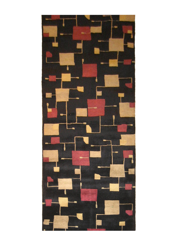 A20867 Oriental Rug Indian Handmade Runner Modern 3'2'' x 11'9'' -3x12- Black Red Yellow Gold Geometric Abstract Design