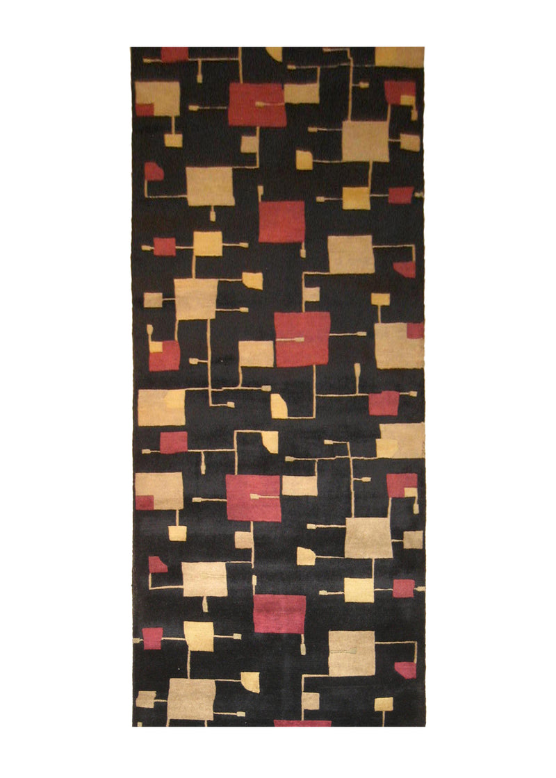 A20867 Oriental Rug Indian Handmade Runner Modern 3'2'' x 11'9'' -3x12- Black Red Yellow Gold Geometric Abstract Design