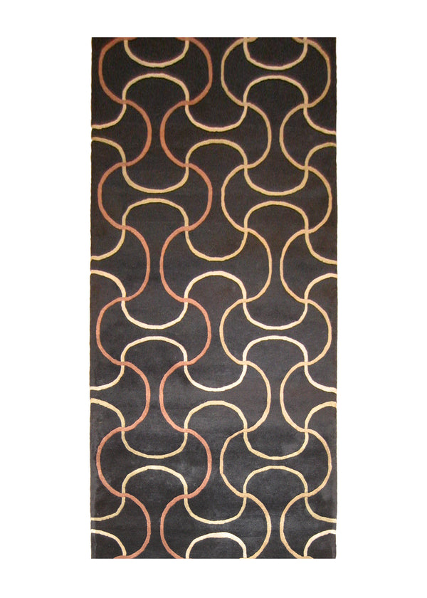 A20878 Oriental Rug Indian Handmade Runner Modern 3'2'' x 9'10'' -3x10- Black Geometric Abstract Design