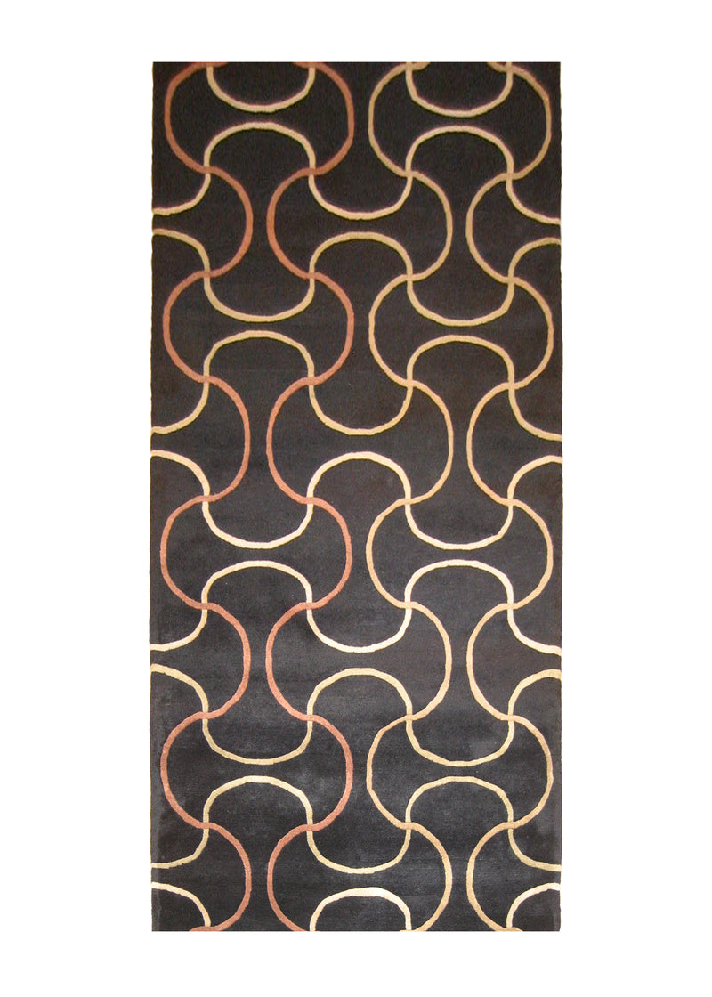 A20878 Oriental Rug Indian Handmade Runner Modern 3'2'' x 9'10'' -3x10- Black Geometric Abstract Design