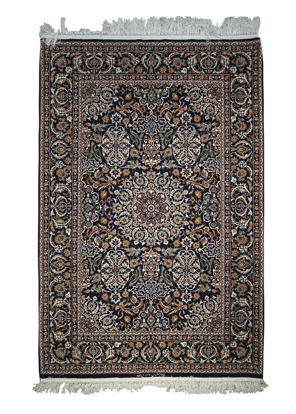 A21133 Persian Rug Isfahan Handmade Area Traditional 4'4'' x 6'4'' -4x6- Blue Orange Floral Design