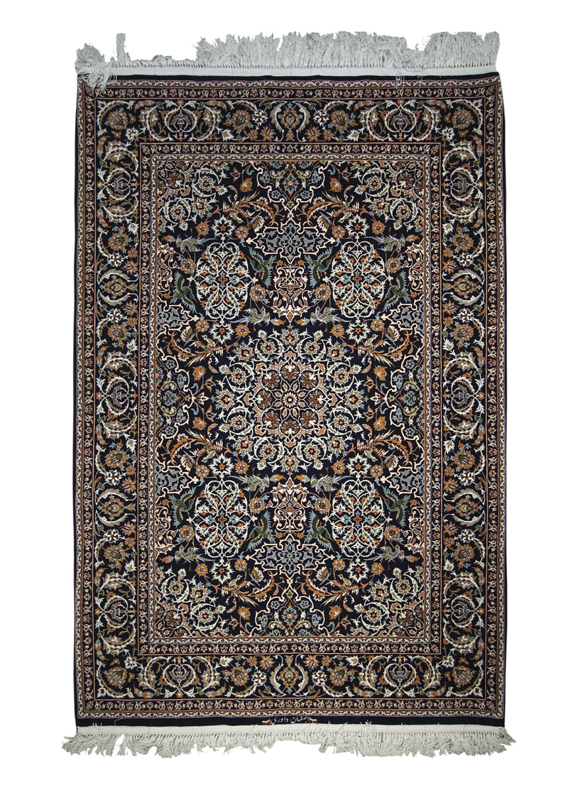 A21133 Persian Rug Isfahan Handmade Area Traditional 4'4'' x 6'4'' -4x6- Blue Orange Floral Design