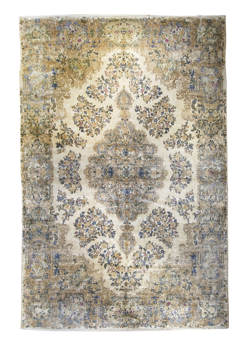 A21152 Persian Rug Lavar Kerman Handmade Area Traditional Vintage 11'10'' x 17'8'' -12x18- Yellow Gold Blue Floral Open Field Design