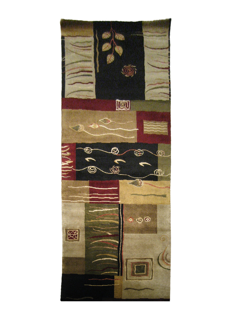 A21223 Oriental Rug Indian Handmade Runner Modern 3'0'' x 9'6'' -3x10- Multi-color Whites Beige Black Art Deco Design